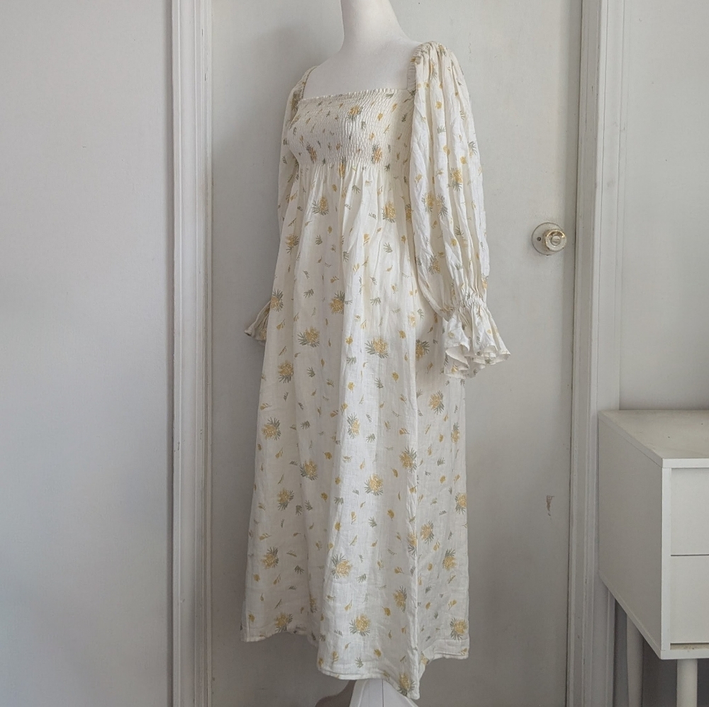 Sleeper Atlanta Smocked Linen Midi Dress Cottagecore Mimosa Size M - Picture 3 of 11